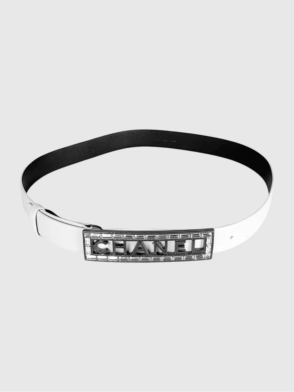 CHANEL Crystal Leather Belt with Silver Logo Plaque Size 75
